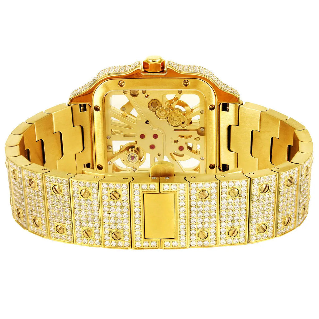 Moissanite Skeleton Dial Yellow Tone Watch Cartice-jewelry