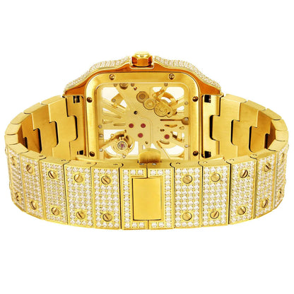 Moissanite Skeleton Dial Yellow Tone Watch Cartice-jewelry