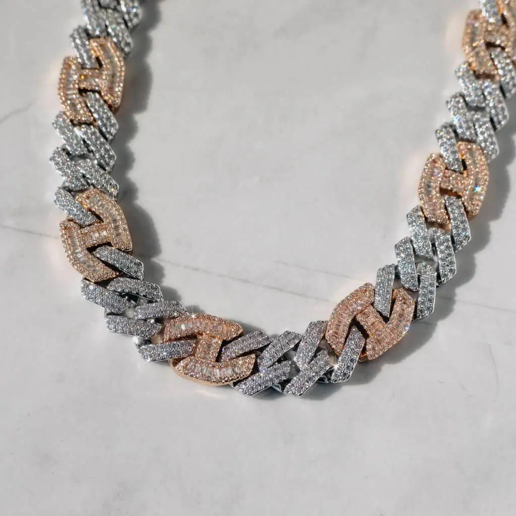 15mm Prong Baguette Cuff Chain - Two Tone - Cartice™LuxuryJewelryGoldSilverWatchBraceletNecklaceChainIced-outCubanMoissaniteTarnish-freeStainlessDurablePremiumShinePlatedStatementDiamondAffordable