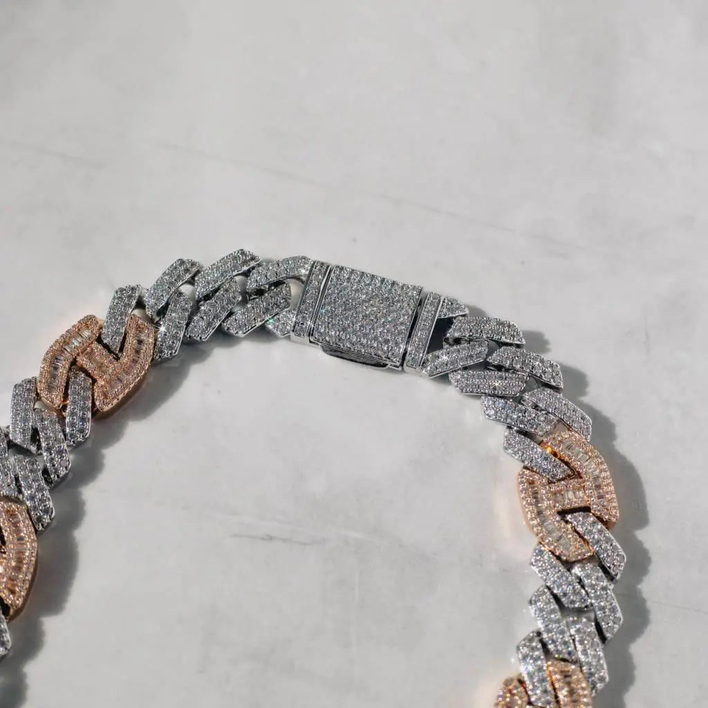 15mm Prong Baguette Cuff Chain - Two Tone - Cartice™LuxuryJewelryGoldSilverWatchBraceletNecklaceChainIced-outCubanMoissaniteTarnish-freeStainlessDurablePremiumShinePlatedStatementDiamondAffordable