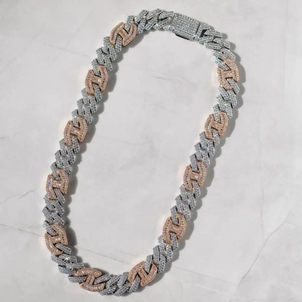 15mm Prong Baguette Cuff Chain - Two Tone - Cartice™LuxuryJewelryGoldSilverWatchBraceletNecklaceChainIced-outCubanMoissaniteTarnish-freeStainlessDurablePremiumShinePlatedStatementDiamondAffordable