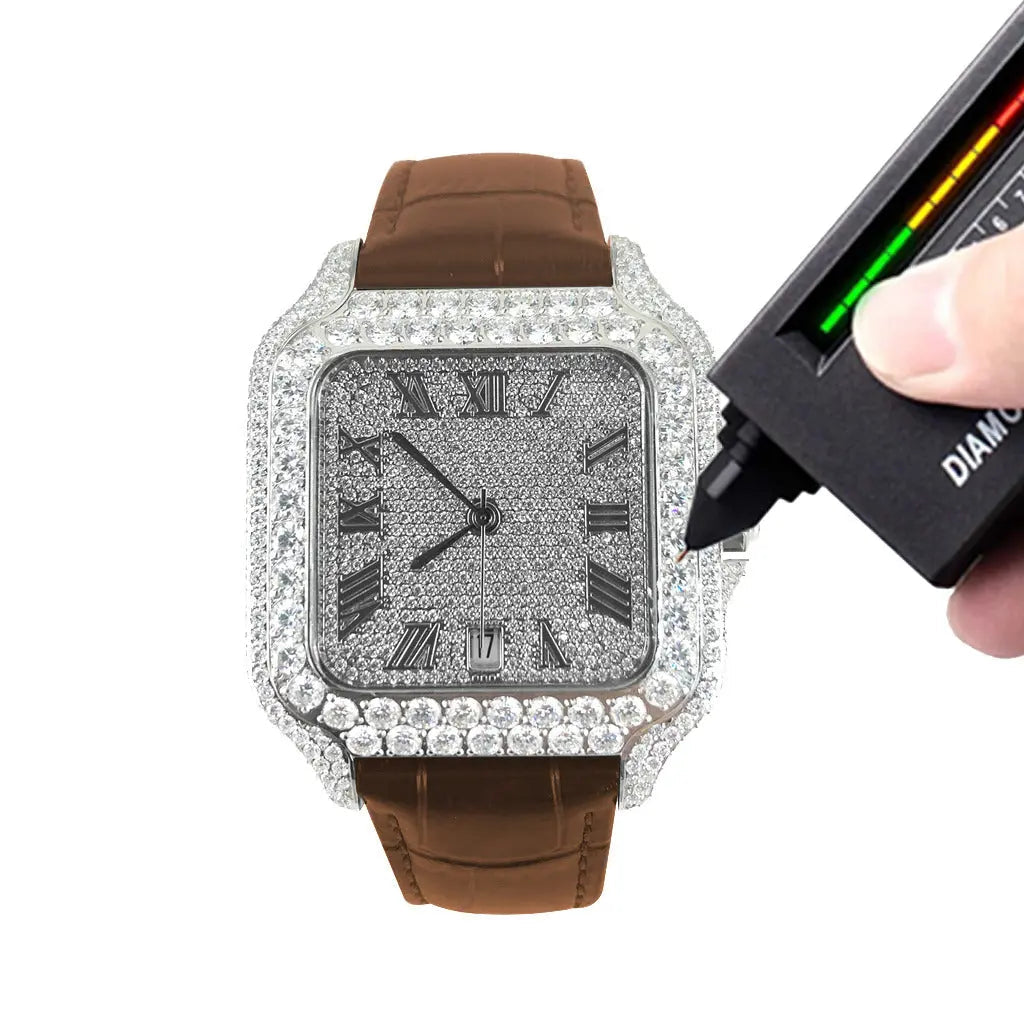 Moissanite Half Iced Brown Croco Leather Band Bezel 9.6ct Watch Cartice-jewelry