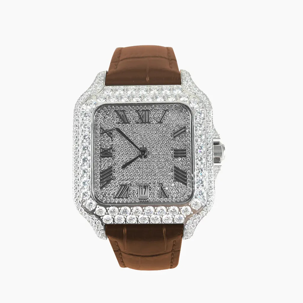 Moissanite Half Iced Brown Croco Leather Band Bezel 9.6ct Watch Cartice-jewelry