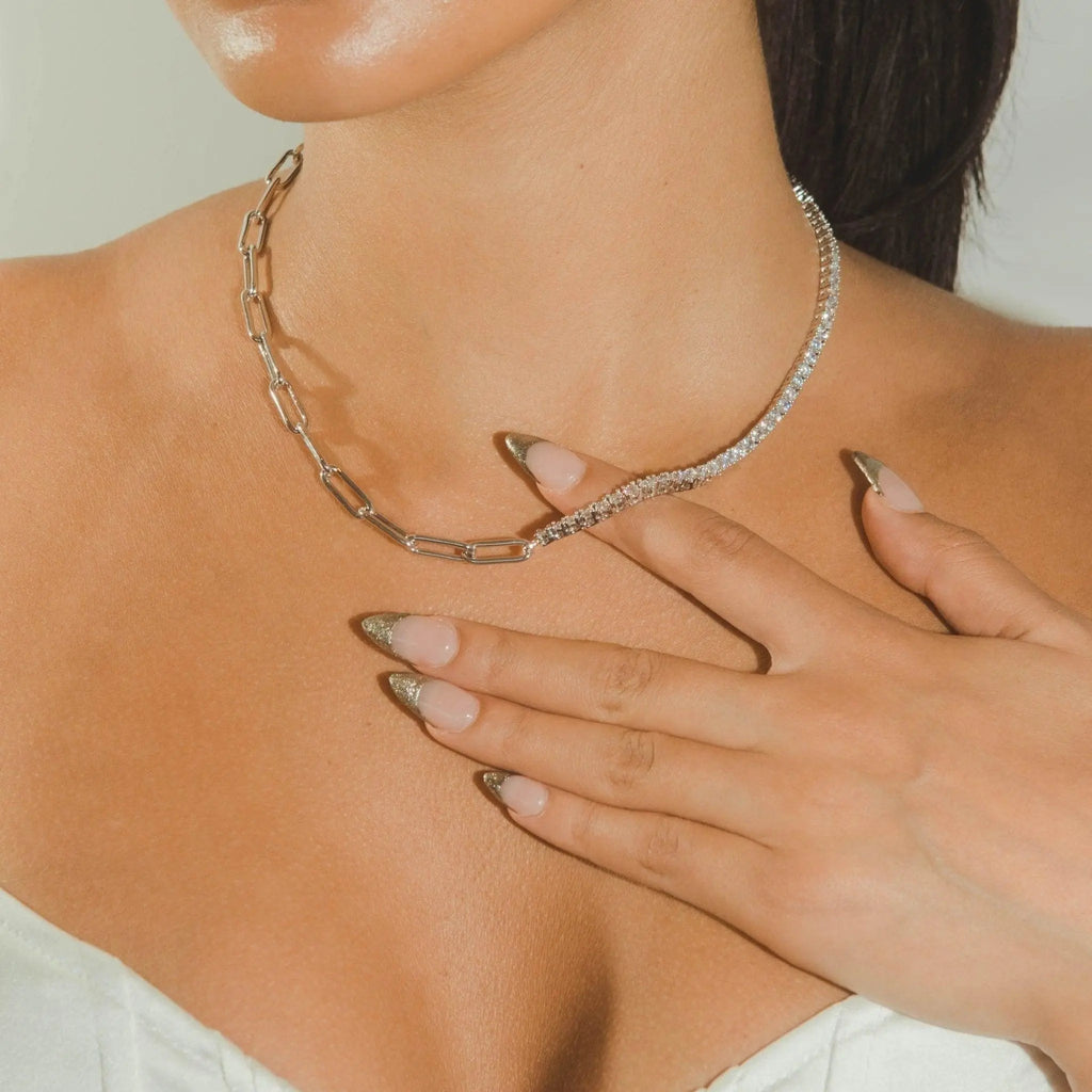 Half Tennis Half Hermes Necklace - White Gold - Cartice™LuxuryJewelryGoldSilverWatchBraceletNecklaceChainIced-outCubanMoissaniteTarnish-freeStainlessDurablePremiumShinePlatedStatementDiamondAffordable